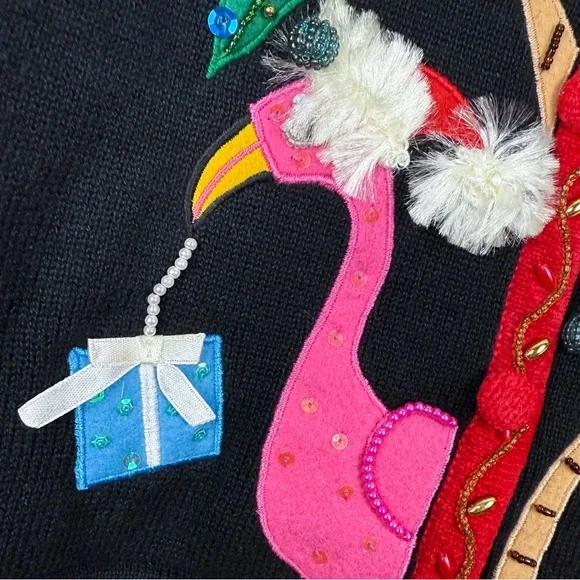 Berek Rare Vintage Tropical Flamingo Christmas Cardigan Sweater M Beaded Sequins - Picture 3 of 12